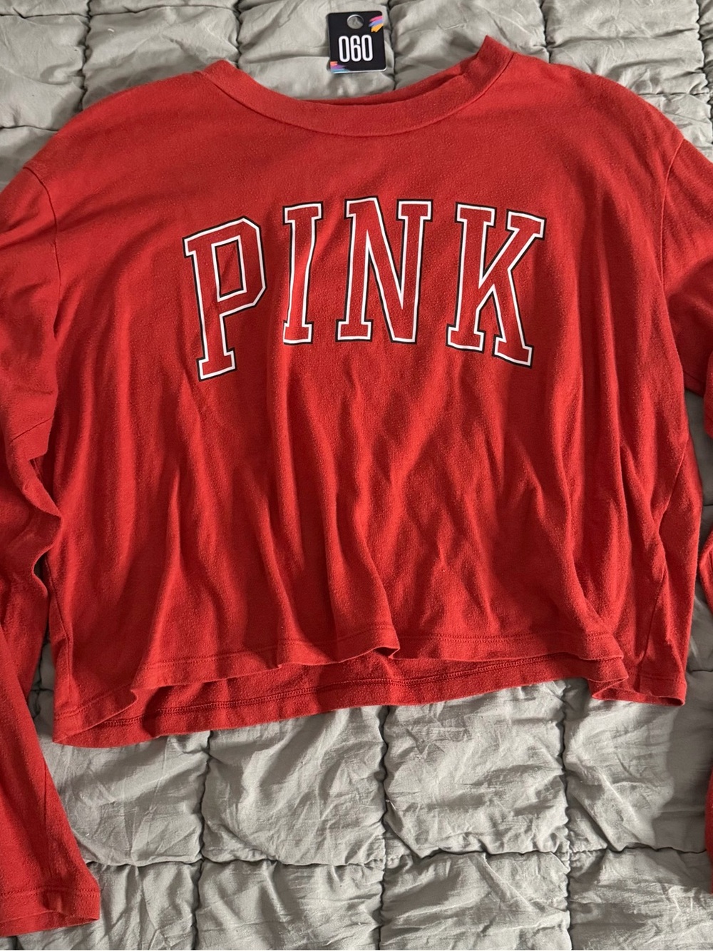PINK Victoria's Secret Red Cropped Crew Sweatshirt with White Lettering